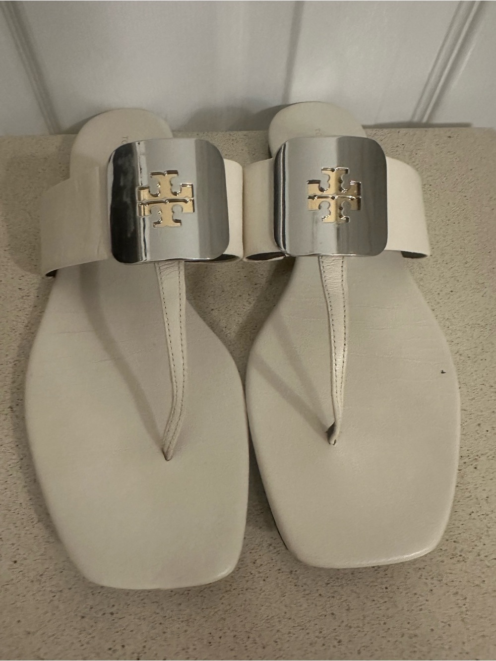 Tory Burch White Leather Logo Thong Sandals